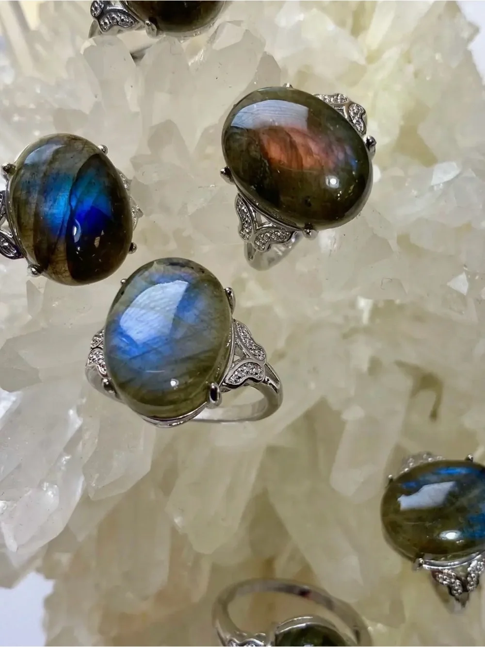 Natural Labradorite Ring White Bronze